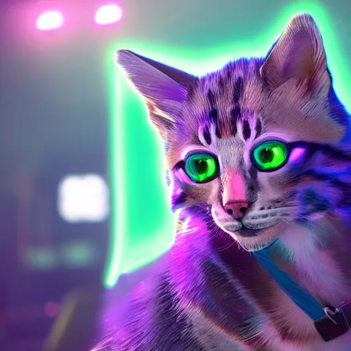 Image similar to fluorescent and iridescent, neon kittens cyperpunk 2 0 7 7, unreal engine 5, 8 k ultra realistic, hyperdetailed, volumetric lighting, extremely high quality