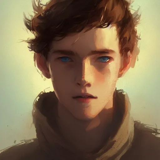 Image similar to portrait of a very feminine teenage boy with blue eyes and brown hair, smiling, wearing an oversized sweater, dramatic lighting, illustration by Greg rutkowski, yoji shinkawa, 4k, digital art, concept art, trending on artstation