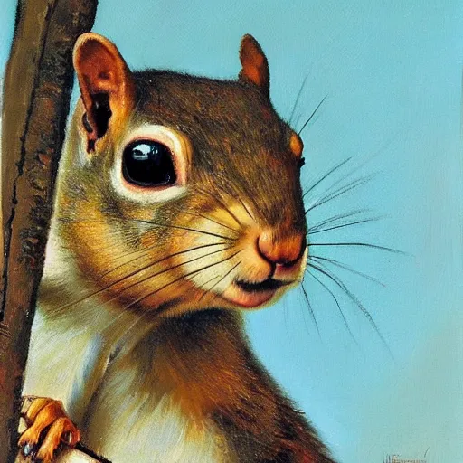 Image similar to portrait painting of a squirrel wearing a ww 2 aviators cap, looking at camera, 8 k, by norman rockwell,