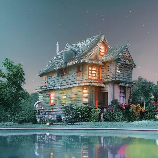 Prompt: a beautiful detailed surreal house in a serene landscape, stephanie law, landscape photography composition, vivid colors, octane render, redshift render