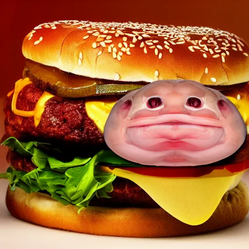 Image similar to real-life blobfish in a burger, extremely detailed, 8k resolution, high detail