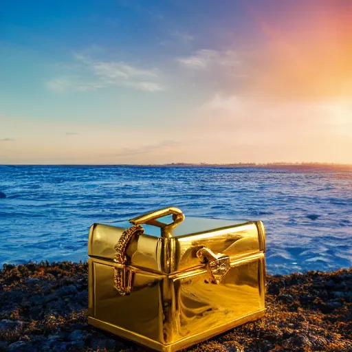 Image similar to Photo of a treasure chest filled with gold and golden accessory on a island, 8k, golden hour, dramatic lighting