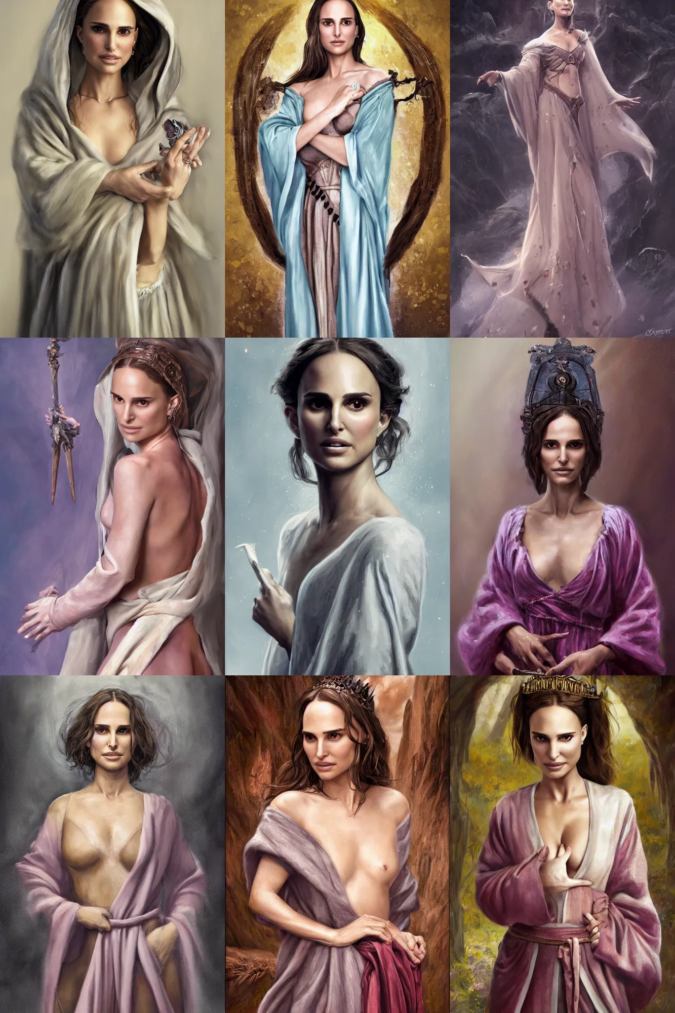 Prompt: a full body high detail fantasy portrait oil painting illustration of a natalie portman as a single young elegant haughty sorceress woman in a worn travel robe by Justin Sweet with face and body clearly visible, pupils visible, realistic proportions, d&d, rpg, forgotten realms, artstation trending, high quality, sombre mood, artstation trending, muted colours, no crop, entire person visible!,