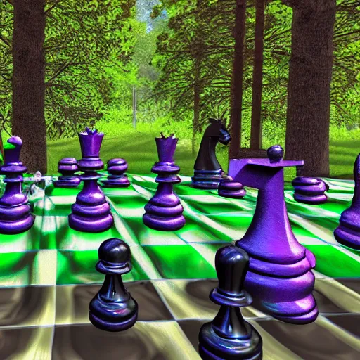 Prompt: videogame still of epic 3D chessboard and chess pieces in the magic kingdom forest of trees style