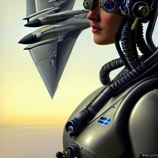 Image similar to portrait of the beautiful young robotic pilot of jets, surreal, fantasy, intricate, mechanical, elegant, dramatic, piloting a fighter jet, highly detailed, gears, lifelike, photorealistic, digital painting, painterly, artstation, concept art, smooth, head in focus, sharp focus, background aerial battle, illustration, art by John Collier and Krenz Cushart and Artem Demura and Alphonse Mucha and Albert Aublet,