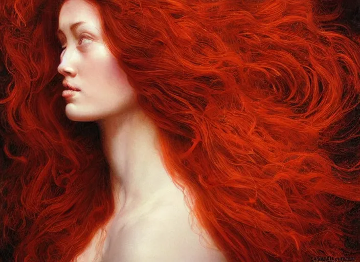 Image similar to a highly detailed beautiful portrait of woman with deep red hair, heat emanating from her hair ( fiery ), james gurney, james jean