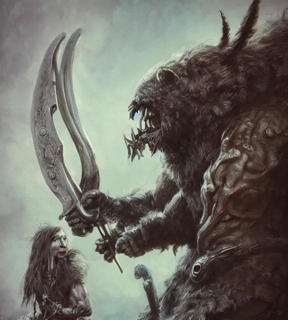 Image similar to furry beastman concept, beksinski, age of sigma art, frank franzetta, ruan jia, dark soul armor concept, trending on artstation, wayne barlowe, adrian smith fantasy art, elden ring art, the hobbit art, lord of the ring art, infinity blade armor