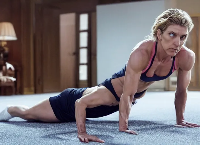 Image similar to very muscular Rhea Seehorn doing push-ups, movie still, realistic, close up, shot by Vince Gilligan, photorealistic