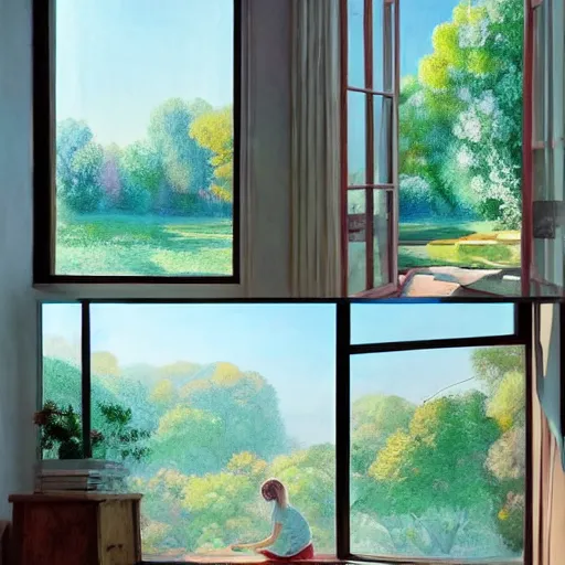 Prompt: Photorealistic meditative room in the morning sunlight with windows showing a beautiful garden, vivid colors, serene, moving, masterpiece, detailed painting by Alena Aenami, by Wes Anderson, by Elsa Beskow