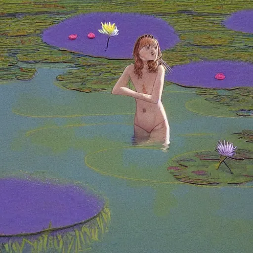 Prompt: A girl bathes in a lake where water lilies are floating, art by moebius, High definition, detailed,