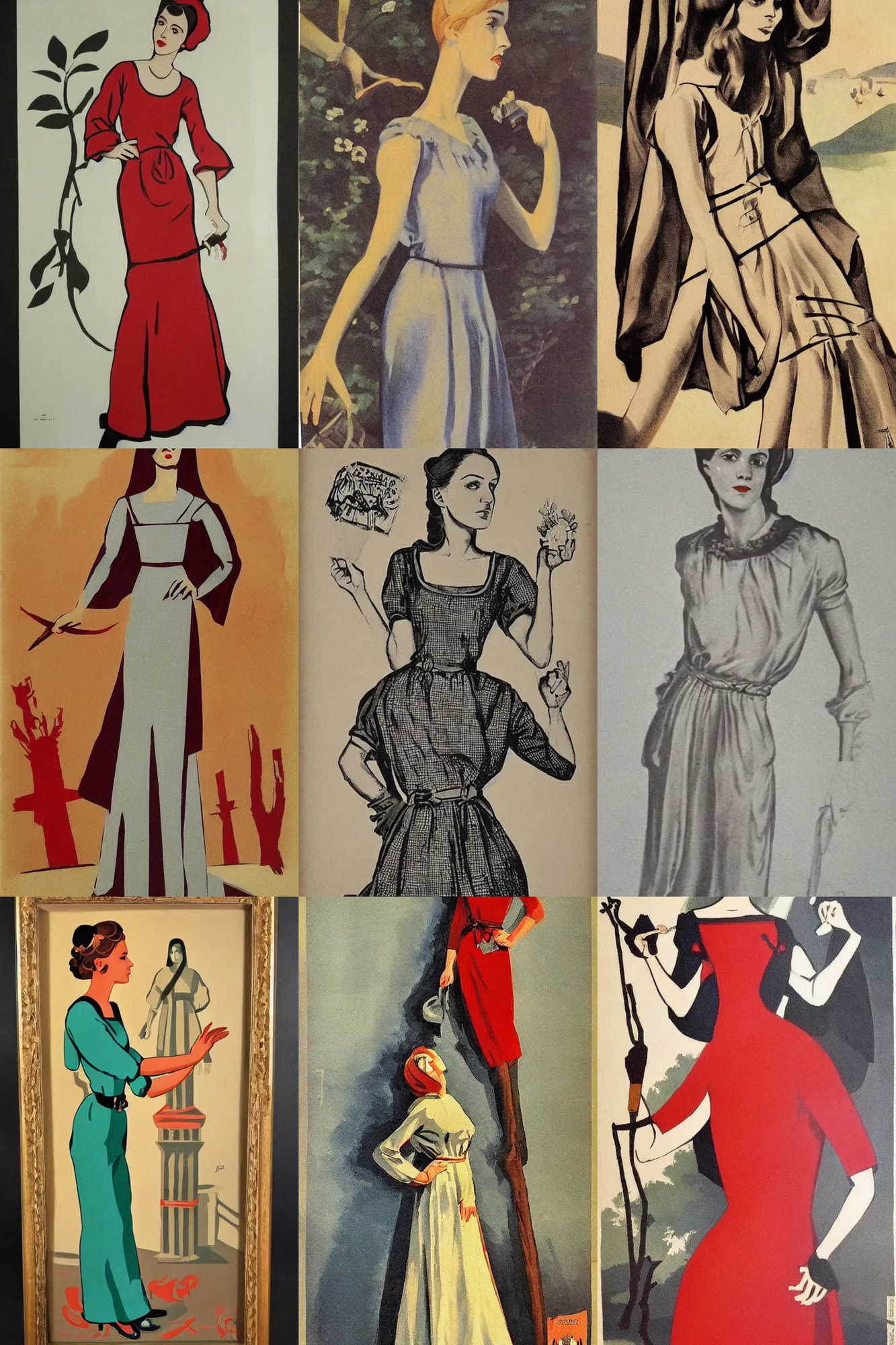 Image similar to beautiful slender young woman, elegant look, peasant dress, soviet propaganda art