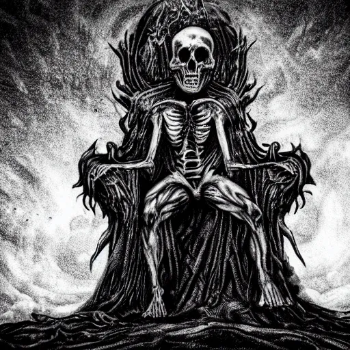 Prompt: death metal god sitting on a throne of bones, black hole halo, demon ghosts around, lava mist, surreal, haunted, in the photographic style of don mccullin, flash photo, realism, intricate, bokeh, damned