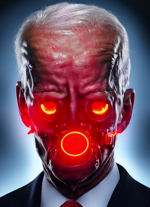 Prompt: hyper realistic ultra realistic cyborg photo Doom furious glowing red eyes biden, high quality photo, detailed , 8k