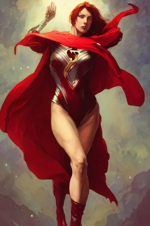 Prompt: marvel superhero, beautiful woman, floating in the air, red tight costume and red long hair, black cloak, power field around her, detailed portrait, dark background texture, alphonse mucha, greg rutkowski, trending on artstation, artgerm, breathtaking, sharp focus, smooth, mark arian, award winning, highly detailed 8 k art