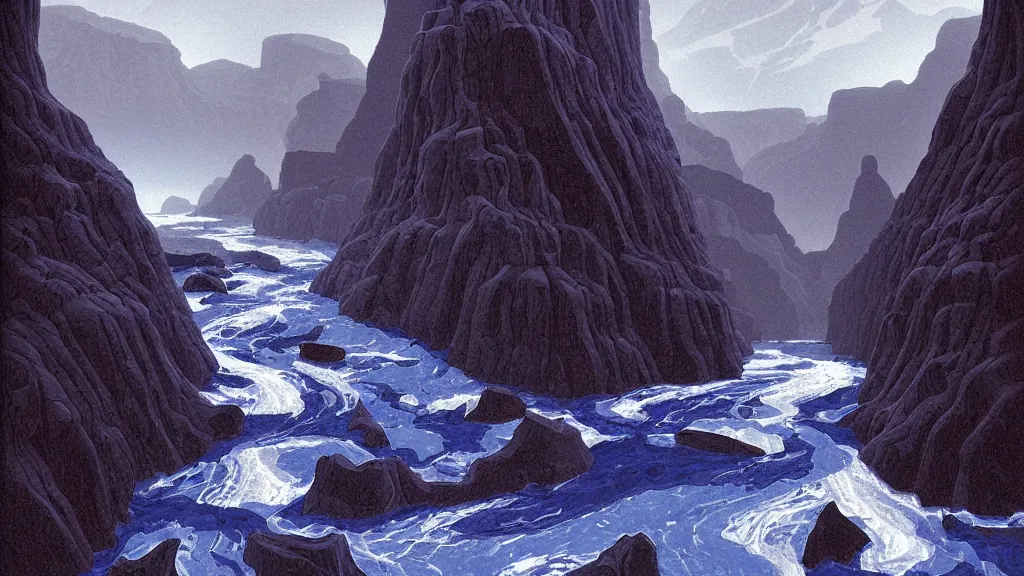 Image similar to digital painting of stuðlagil canyon by gerald brom. blue river. black columns. digital render. detailed. beautiful landscape.