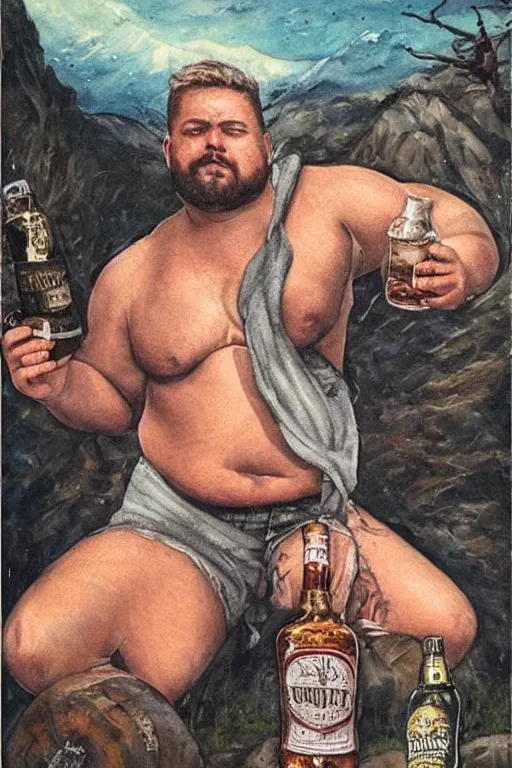 Prompt: a dramatic, epic, ethereal painting of a !!!handsome!!! thicc chunky beefy mischievous shirtless with a big beer belly wearing a large belt and bandana offering a whiskey bottle | he is a cowboy short blond beard relaxing by a campfire | background is a late night with food and jugs of whisky | homoerotic, rugged | stars, tarot card, art deco, art nouveau, mosaic, intricate | by Mark Maggiori (((and Alphonse Mucha))) | trending on artstation