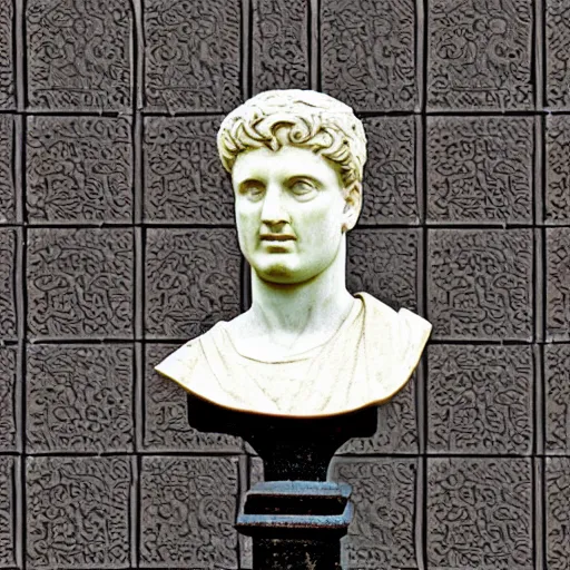 Image similar to 1 9 9 8 digital photo of roman statue bust, museum background, tile floor, nikon coolpix e 9 0 0