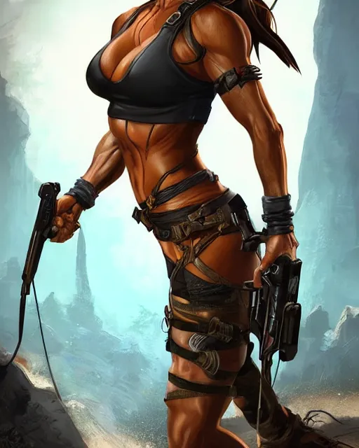Prompt: denise richards as lara croft, fantasy art, in the style of artgerm, illustration, epic, fantasy, intricate, hyper detailed, artstation, concept art, smooth, sharp focus, ray tracing, vibrant, photorealistic, simon bisley