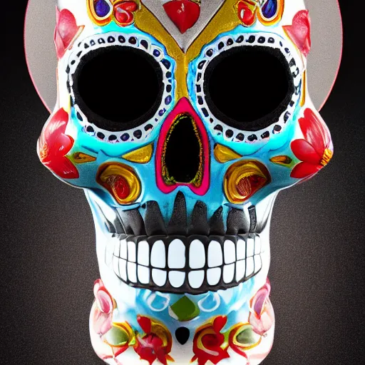 Prompt: spotlight studio photo of a sugar skull made of mercury, 8 k hd, 3 d