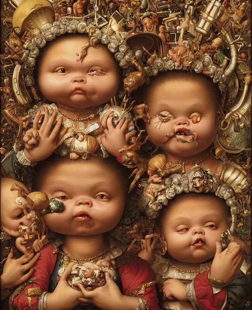 Prompt: a painting of ultradetailed collectible card from garbage pail kids as a ceramic toy, a flemish baroque by dino valls, trending on zbrush central, classical realism, flemish baroque, hyper realism, chiaroscuro