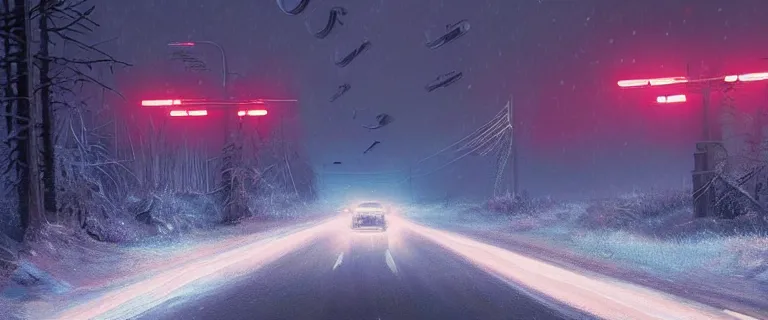 Image similar to Audi A4 B6 Avant (2002), a gritty neo-noir, dramatic bright lighting, cinematic, establishing shot, extremely high detail, photorealistic, cinematic lighting, artstation, by simon stalenhag, Snowy ukrainian road, At night, Poets of the Fall - Late Goodbye