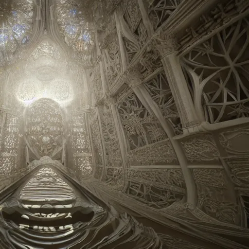 Prompt: a beautiful cgi painting of a massive sprawling fractal cathedral exterior populated by mandelbrot fractals, unreal engine, carved soap, white, volumetric lighting, hyperrealistic, octane render, glowing, carved marble, opalescent, carved wood, depth of field, sacred geometry, religious, angelic, catholicpunk, photorealism, 8 k, ultra detailed