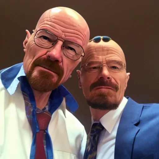 Image similar to walter white doing a selfie with phoenix wright, realistic, cool, nice, beautiful