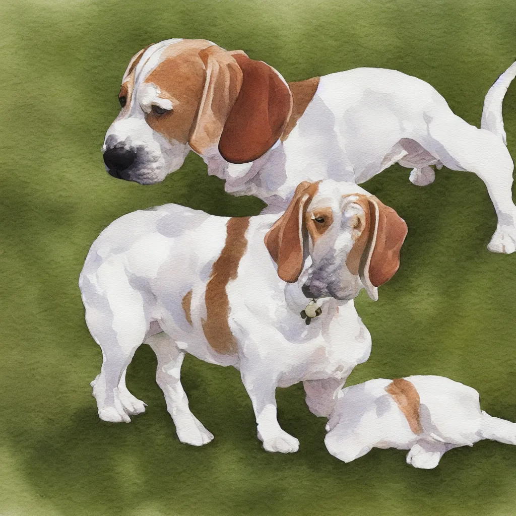 Image similar to water color painting of a white and caramel beagle dog in a backyard, harsh lighting, detailed, trending on artstation, dull pastel colors, bright, god rays, dreamy, trending on artstation