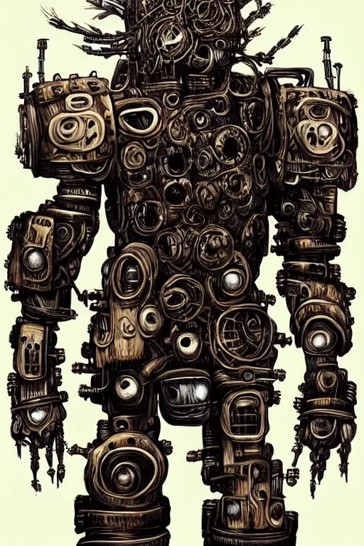 Image similar to wild monstorous anthropomorphic biomechanical bear warrior wearing dreadlocks made of cables and wires. Upgraded with hightech cyberwares. huge, big, giant bear human hybrid, mecha animal, tall, detailed woodcut armor, terrifying and dangerous, scary, beautiful, steampunk monster android hybrid art portrait, matte scifi fantasy painting, half robot half bear. DeviantArt Artstation, by Jason Felix by Steve Argyle by Tyler Jacobson by Peter Mohrbacher, cinematic lighting