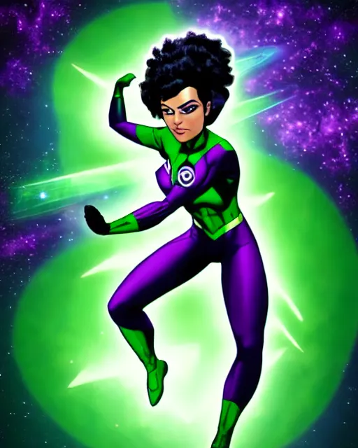 Image similar to photos of a real life soranik natu soaring thru outer space as a Green Lantern beautiful, photogenic, purple skin, short black pixie like hair, photorealistic, cinematic