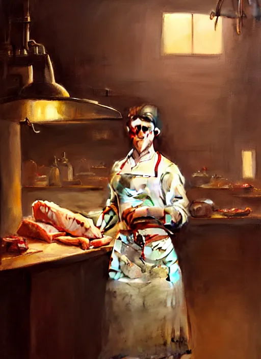 Prompt: portrait of a very young butcher, bloodstained apron, at a butcher shop, dramatic lighting, dimly lit, medium view, asymmetrical intricate elegant matte painting illustration, by greg rutkowski and greg tocchini and james gilleard and sargent and leyendecker and greg manchess