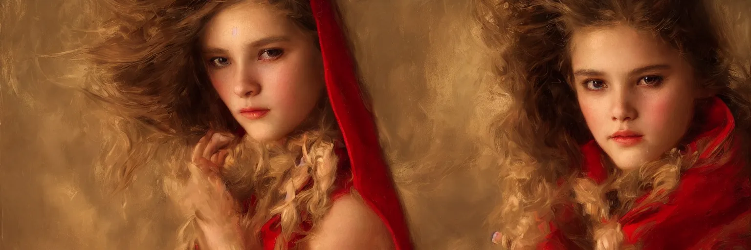 Image similar to portrait of a beautiful young girl wearing a red cloak in the nigh, extremely realistic and highly detailed painting by gaston bussiere and j. c. leyendecker 8 k, sharp focus, octane render, dramatic volumetric lighting and extremely realistic faces