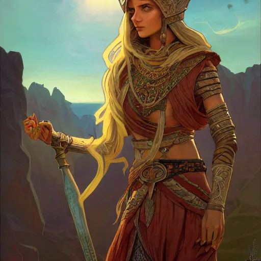 Image similar to Emeth the elven desert bandit. Arabian style. Epic portrait by james gurney and Alfonso mucha (lotr, witcher 3, dnd, dragon age, gladiator, scoia'tael).