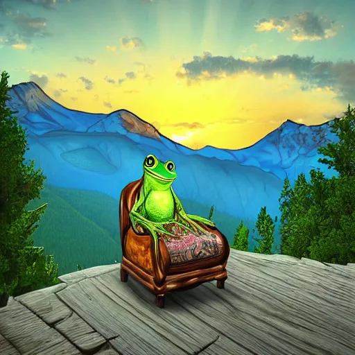 Image similar to king frog on a throne in beautiful mountains watching a sunset, digital art
