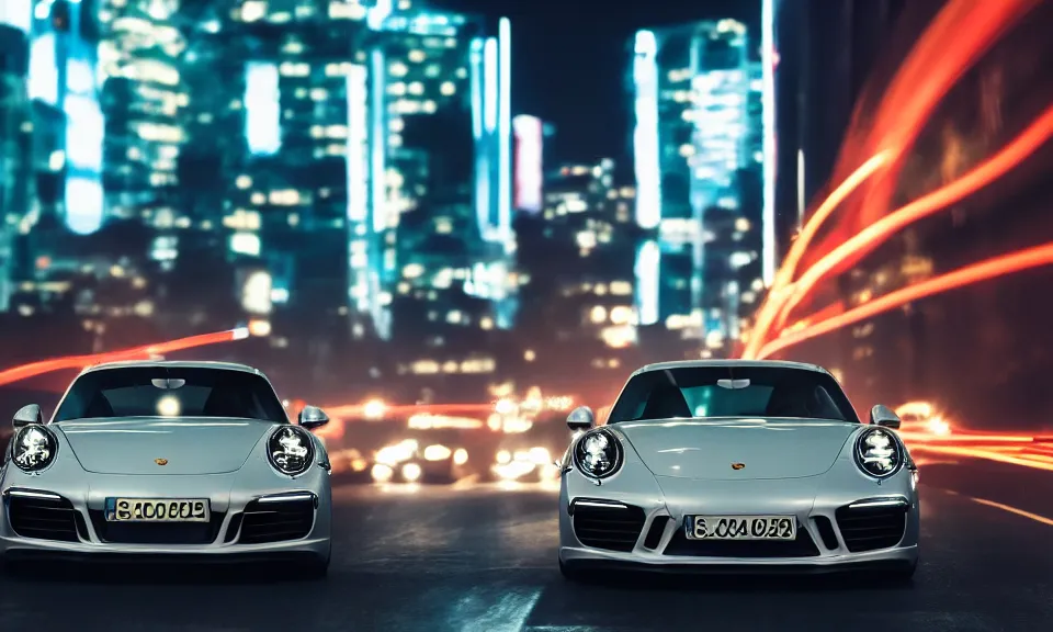 Image similar to photo of a porsche 911 at night driving fast through a city, cinematic, 4k, long exposure photography, tokyo drift, fast and furious, film still, night photography, motion blur, lens flare, movie shot, light trail