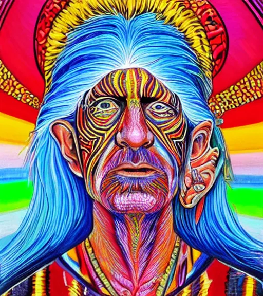 Prompt: Portrait painting in a style of Alex Grey of an old shaman dressed in a colorful traditional clothes. Psychodelic