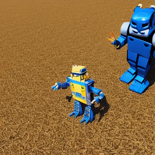 Prompt: a photo of transformers wearing a straw hat blue overalls in the corn field, robots, humanoid, star wars, chappie, farming, photorealistic, 8 k