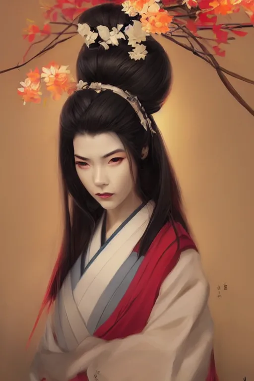 Image similar to Beautiful Geisha Portrait, character portrait art by Mandy Jurgens, 4k portrait, magical mood from japan, cgsociety