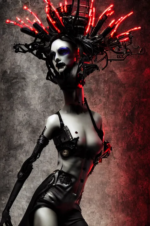 Image similar to full-body cyberpunk style sculpture of a young beautiful dark priestess, half android with a head opening exposing circuitry, glowing red eyes, black roses, flowing blood red colored silk, fabric, candles. baroque elements, human skull. full-length view. baroque element. intricate artwork by caravaggio. crows flying in background. Trending on artstation, octane render. cinematic lighting from the right, hyper realism, octane render, 8k, depth of field, 3D