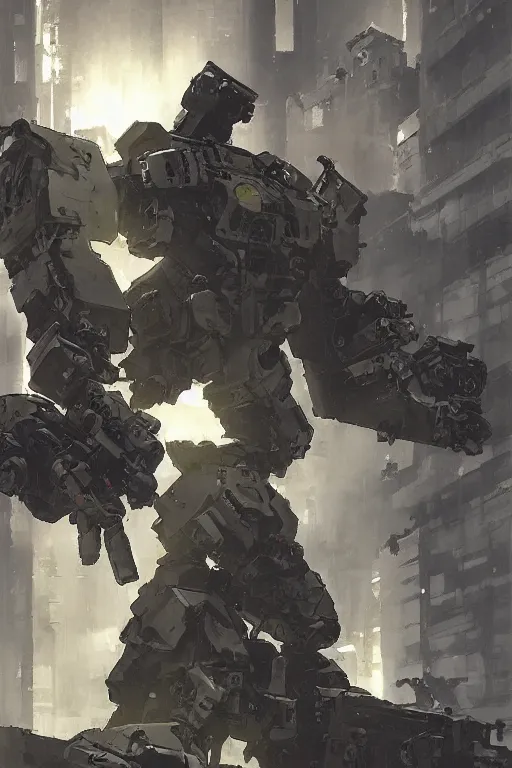 Image similar to silhouette, silhouette Mech design, concept art, military, full body, illustration designed by Marc Simonetti and Mike Mignola, hyperchromatic, Handsome defense mecha bulky, full body by Yoji Shinkawa