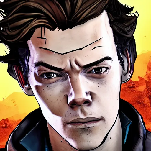 Image similar to harry styles portrait, borderlands, tales from the borderlands, the wolf among us, comic, cinematic lighting, studio quality, 8 k