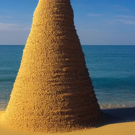 Image similar to a tower of sand on the beach that's taller than the people around it