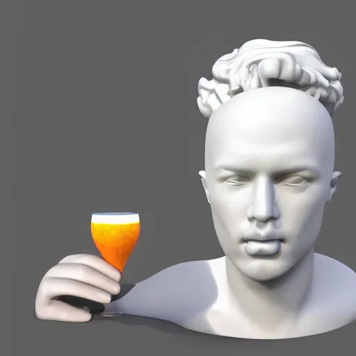 Image similar to a 3 d model of a white marble human head holding a coctail, colorful coctail, digital illustration, 3 d render, above the waist