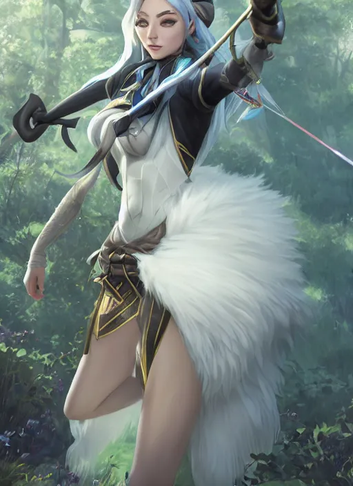 Prompt: ashe, from league of legends, shooting arrows with a silver bow, wearing fluffy skin, long skirt, hyper detailed, digital art, trending in artstation, cinematic lighting, studio quality, zoom in, smooth render, unreal engine 5 rendered, octane rendered, art style by klimt and nixeu and ian sprigger and wlop and krenz cushart