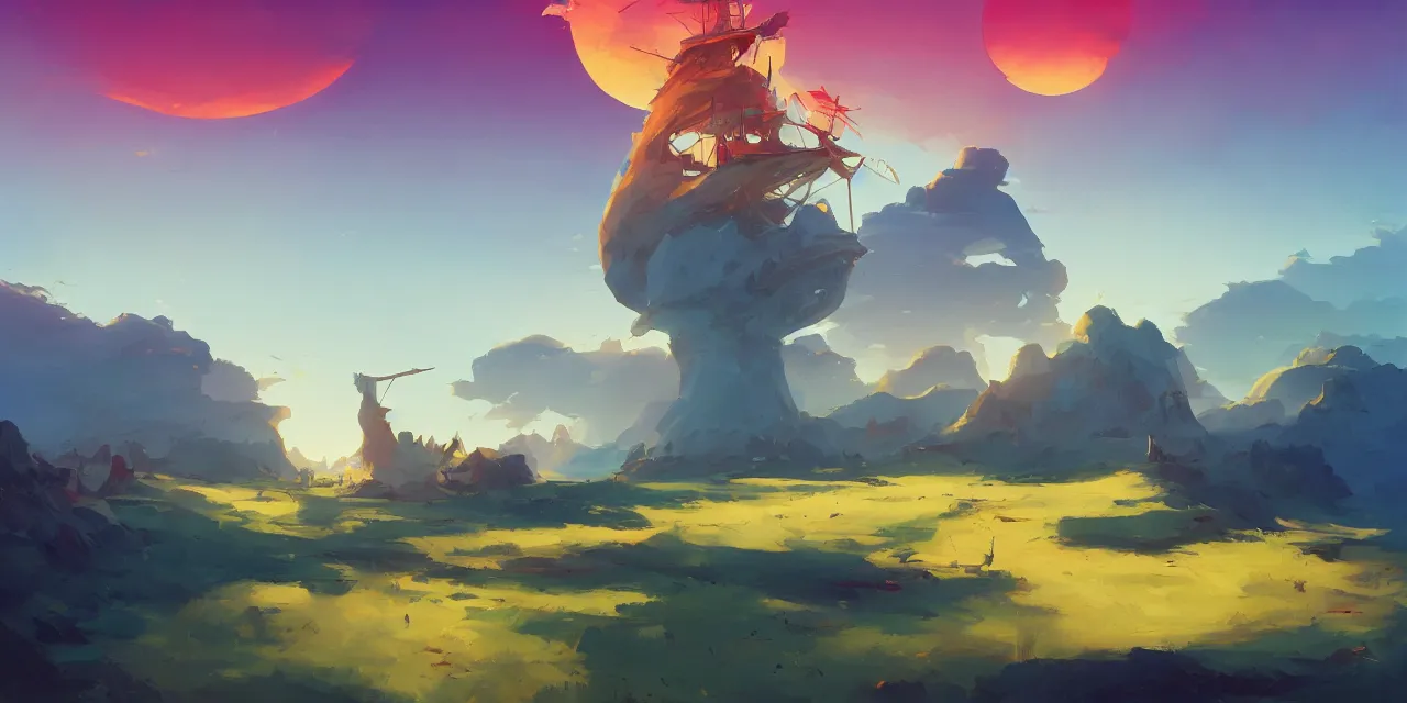 Prompt: blue desert, organic tower in the distance, green sky with a red sun, pirate ship floating in the sky, official fanart behance hd artstation by jesper ejsing, by rhads, makoto shinkai and lois van baarle, ilya kuvshinov, ossdraws