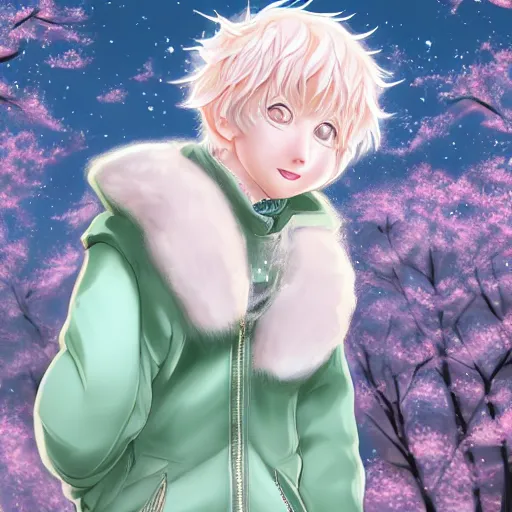 Image similar to aesthetic portrait commission of a albino male anthro liger under a cherry blossom tree bubble filled while wearing a cute mint colored cozy soft pastel winter outfit with pearls on it, winter atmosphere. character design by artgerm, and makoto shinkai, detailed, inked, western comic book art, 2 0 2 0 award winning painting