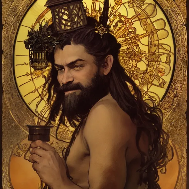 Prompt: an aesthetic! a detailed portrait of a man in a long beard, with a crown, holding a lantern with piles of gold in the background, by frank frazetta and alphonse mucha, oil on canvas, art nouveau dungeons and dragons fantasy art, hd, god rays, ray tracing, crisp contour lines, huhd