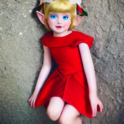 Image similar to beautiful gorgeous cute young elf princess Anna Taylor-Joy blonde hair blue eyes blushed in red dress