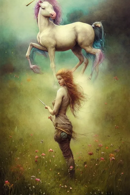 Prompt: a unicorn on the beautiful meadow | esoteric symbolism | jean - baptiste monge, esao andrews, bastien lecouffe - deharme, tim jacobus, ken currie | ultra - detailed realism, soft cinematic lighting, hi - fructose, artstation, high - quality, ink watercolors wes anderson poster art