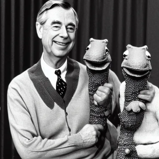 Image similar to mr. rogers with alligator heads instead of hands.